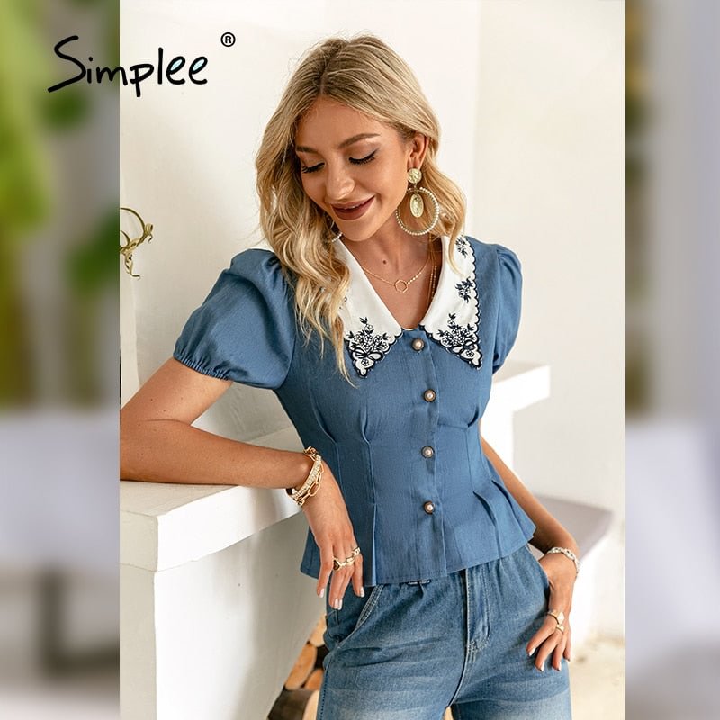 Simplee Elegant button bubble sleeves short shirt Summer holiday causal blue shirts Fashion print v-neck print woman tops 2021