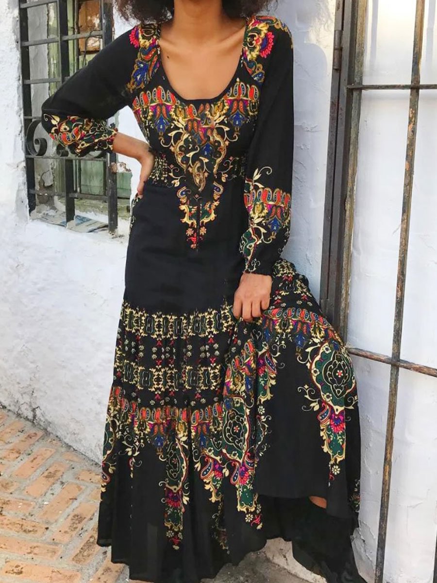 Round Neck Casual Loose Ethnic Print Long Sleeve Maxi Dress