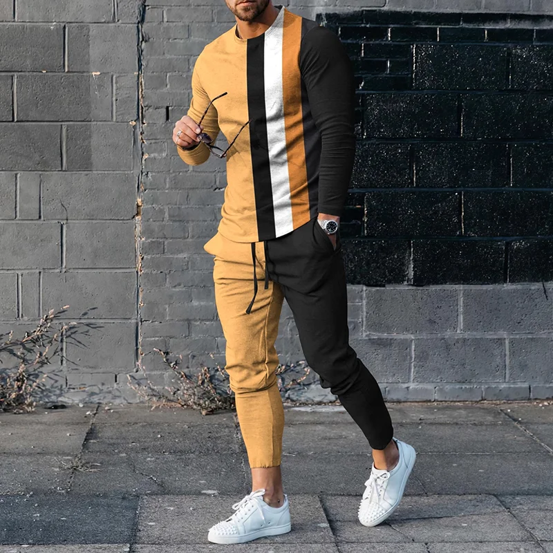 Fashion Men's Striped Color Contrast Long Sleeve T-Shirt And Pants Co-Ord