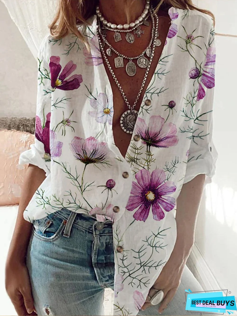 Casual Floral Loose Stand Collar Long Sleeve Blouse