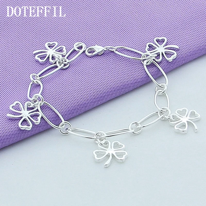 DOTEFFIL 925 Sterling Silver Five Clover Flowers Heart Bracelet For Women Jewelry