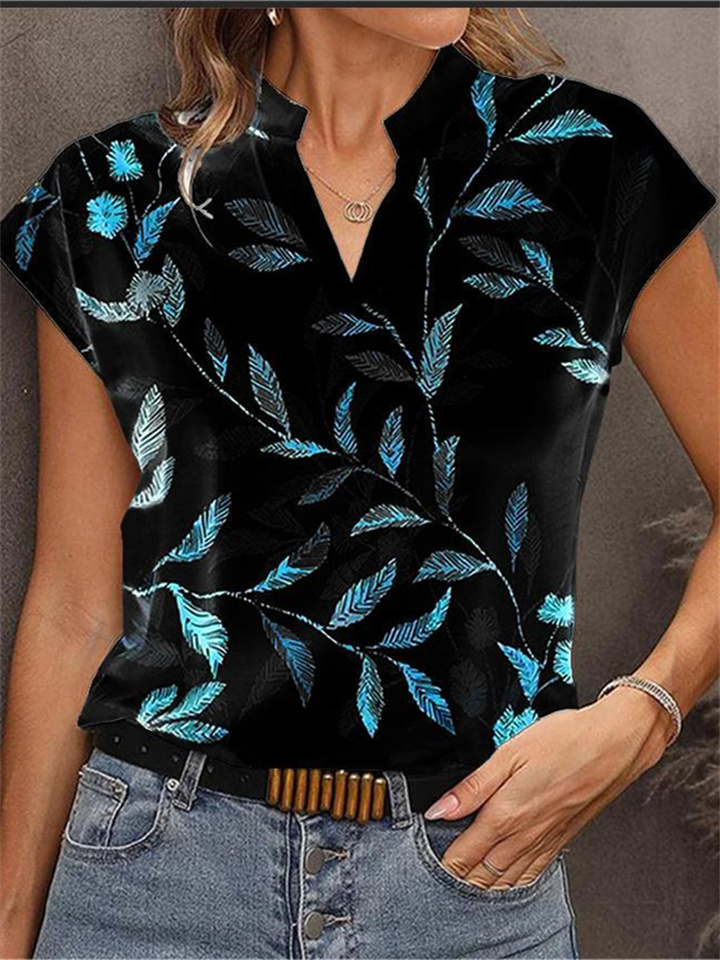 Explosive Summer French Fashion Leaf Print V-neck Loose Type Short-sleeved Temperament Commuter T-shirt Female Models