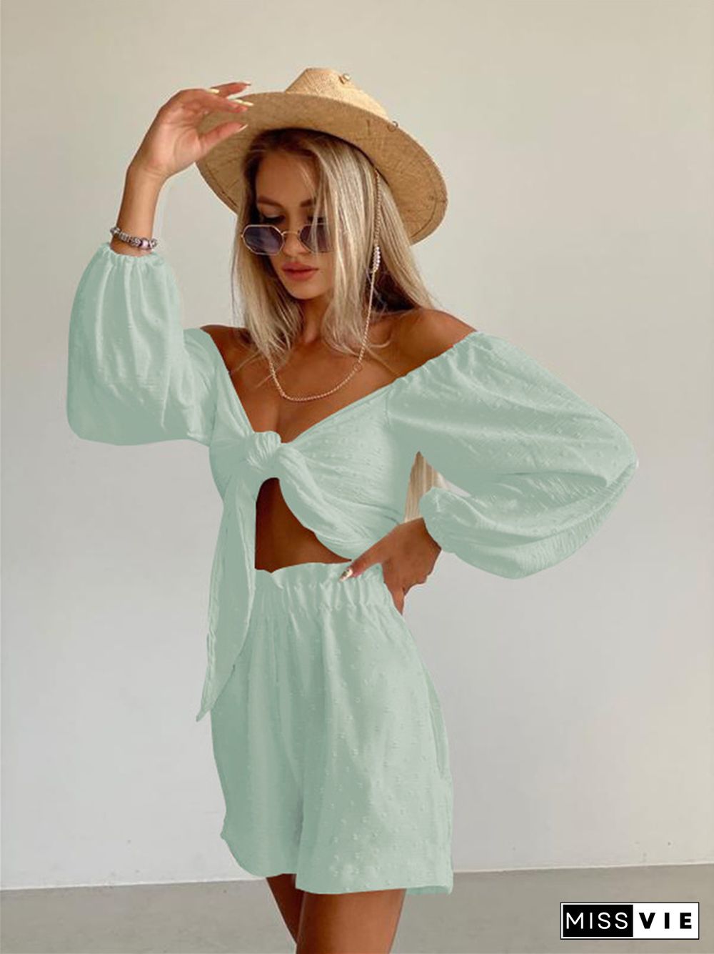 Summer New Fashion Leisure Suit Senior Sense Women's Long-sleeve Cardigan Shorts Two Sets