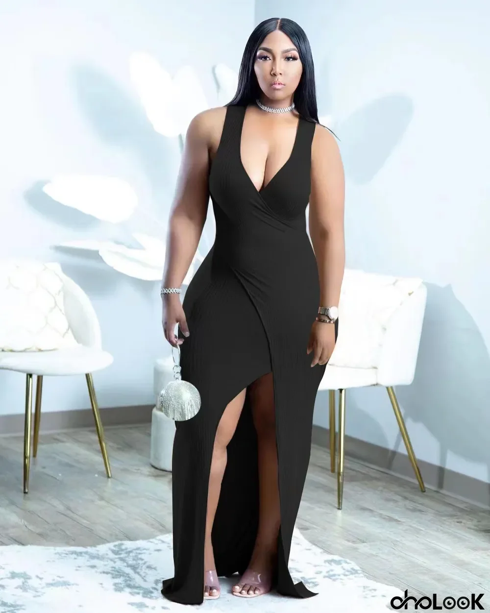 Ribbed V Neck Sleeveless Split Bodycon Maxi Dress