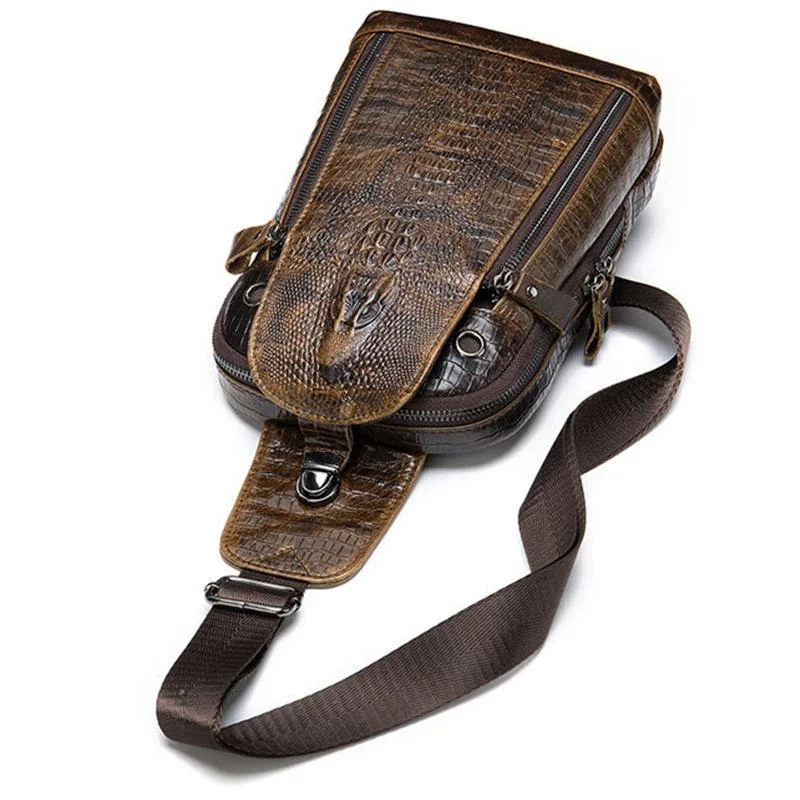 Mens Alligator Pattern Cow Leather Crossbody Bag Chest Bag