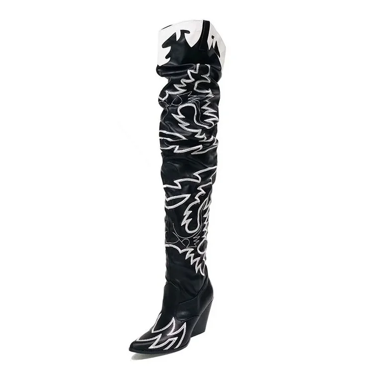 Black Long Western Boots Boots Embroidered Chunky Heel Over the Knee Boots |FSJ Shoes