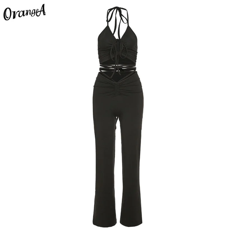 OrangeA women halter bandage v-neck sleeveless ruched tops sweatpants solid matching set sexy clubwear stretchy skinny bodycon