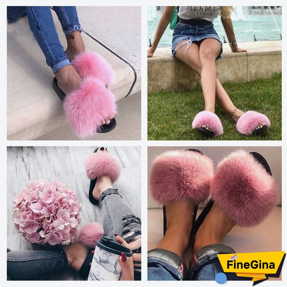 New Hot Fashion Ladies Girls Hairy Slippers Women Fox Fur Slippers Sandals Fluffy Fur Slides Beach Shoes Plus Size