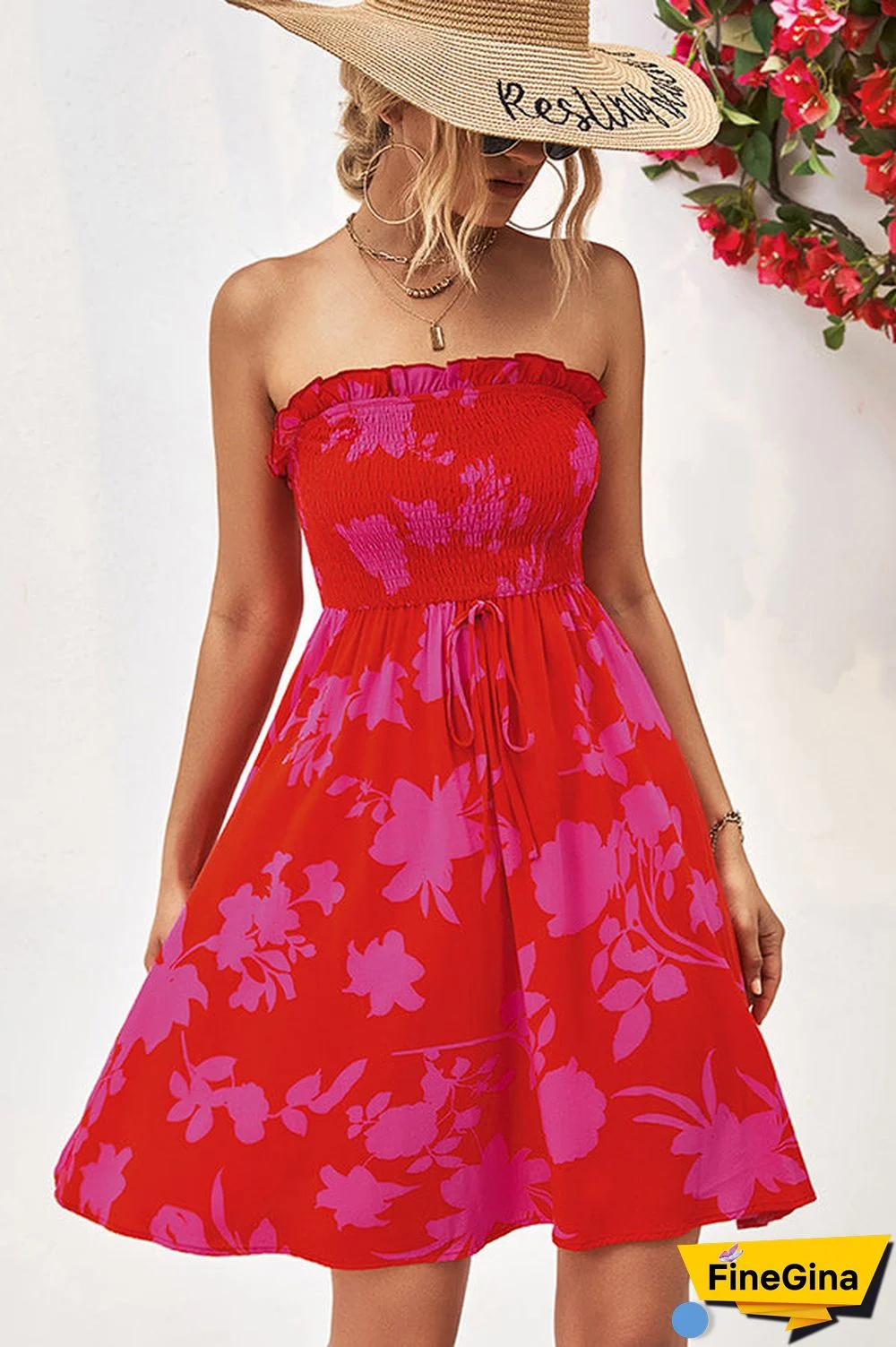 Smocked Frill Bandeau Floral Print Mini Dress