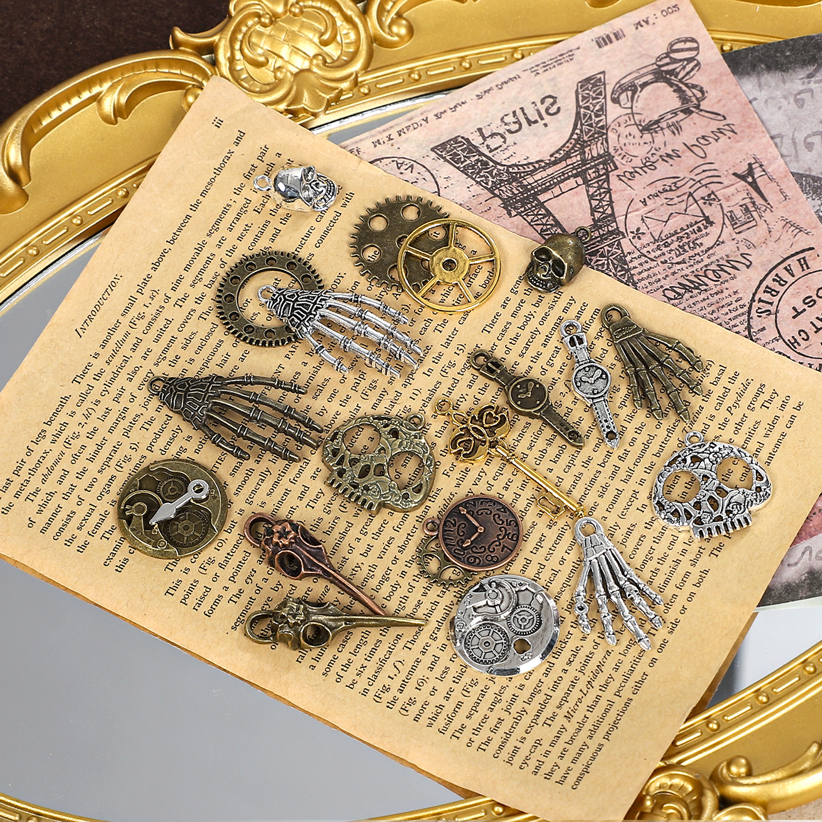 빈티지 합금 펜던트 - 오래된 깃털 용 기어 풍경 소재