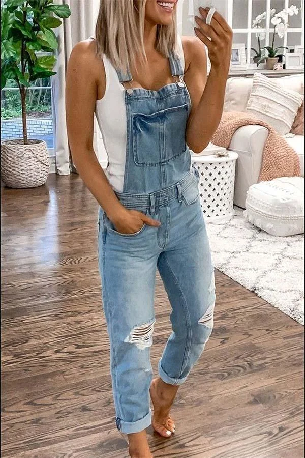 Womens Blue Casual Plain Denim Ripped Jumpsuit-Allyzone-Allyzone