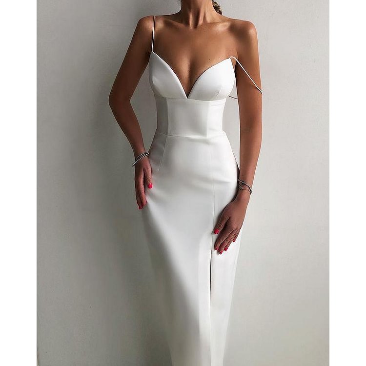 Promsstyle Elegant solid color deep v-neck side slit slip dress