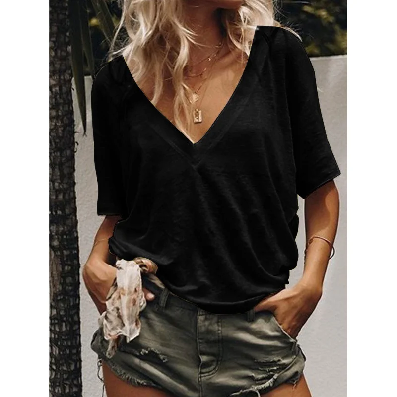 Women's Shirt Solid V-Neck Basic Casual Top