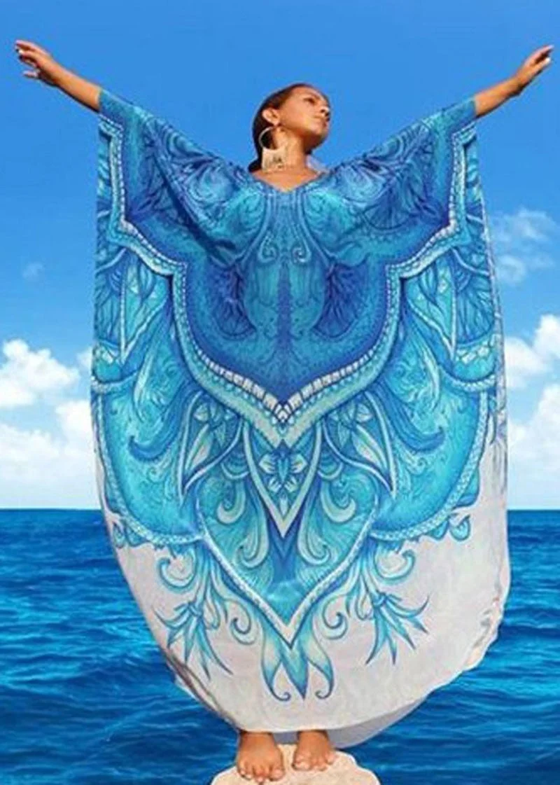 Fitshinling Large Size Cape Swimwear Wrap Beach Dress Boho Print Batwing Sleeve Maxi Dresses Women 2021 Summer Robe Pareos Sale