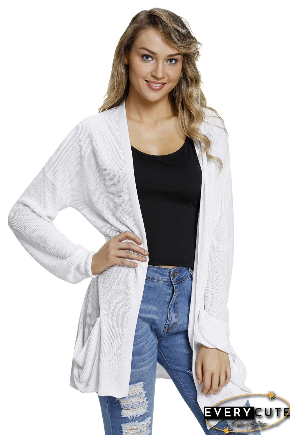 White Lightweight Knit Cardigan with Pockets