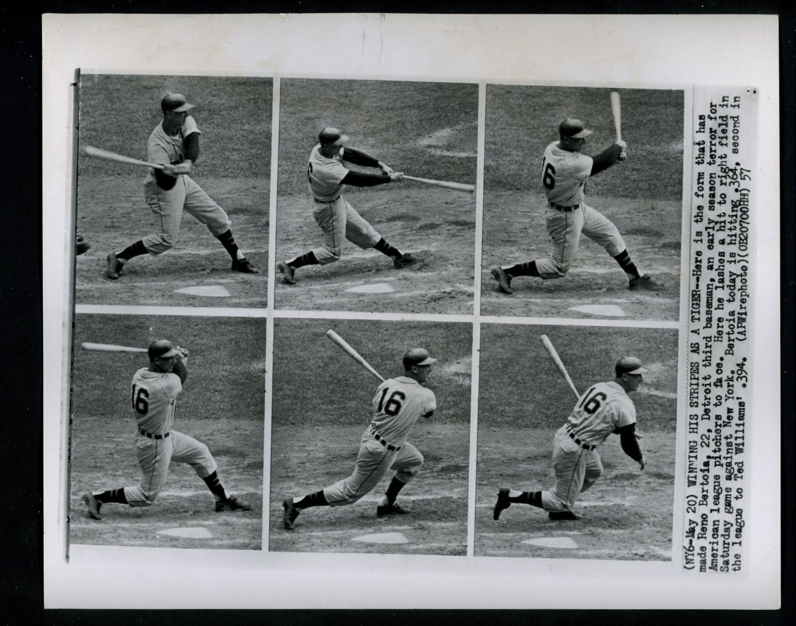 Reno Bertoia sequential swinging action 1957 Press Wire Photo Poster painting Detroit Tigers