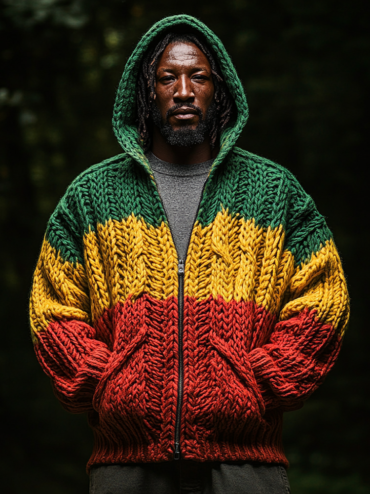 Reggae Inspired Contrast Color Cozy Knit Hooded Cardigan