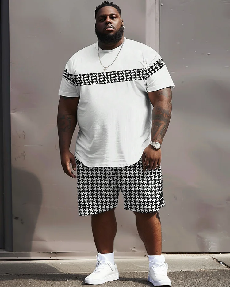 Men's Plus Size Casual Simple Houndstooth Color-block Printed T-shirt Shorts Suit