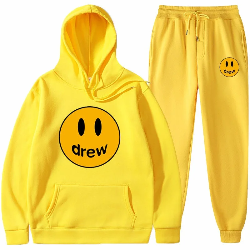 Justin Bieber Drew Hoodie Smiley Face Unisex Sweatshirt Pants Set