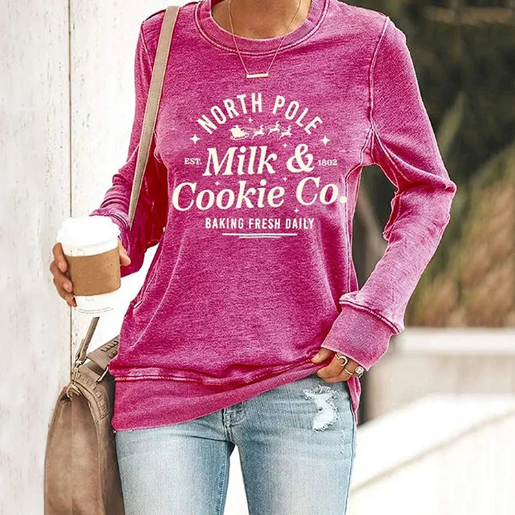 Comstylish North Pole Milk & Cookie Co. Baking Fresh Daily EST 1802 Print Sweatshirt