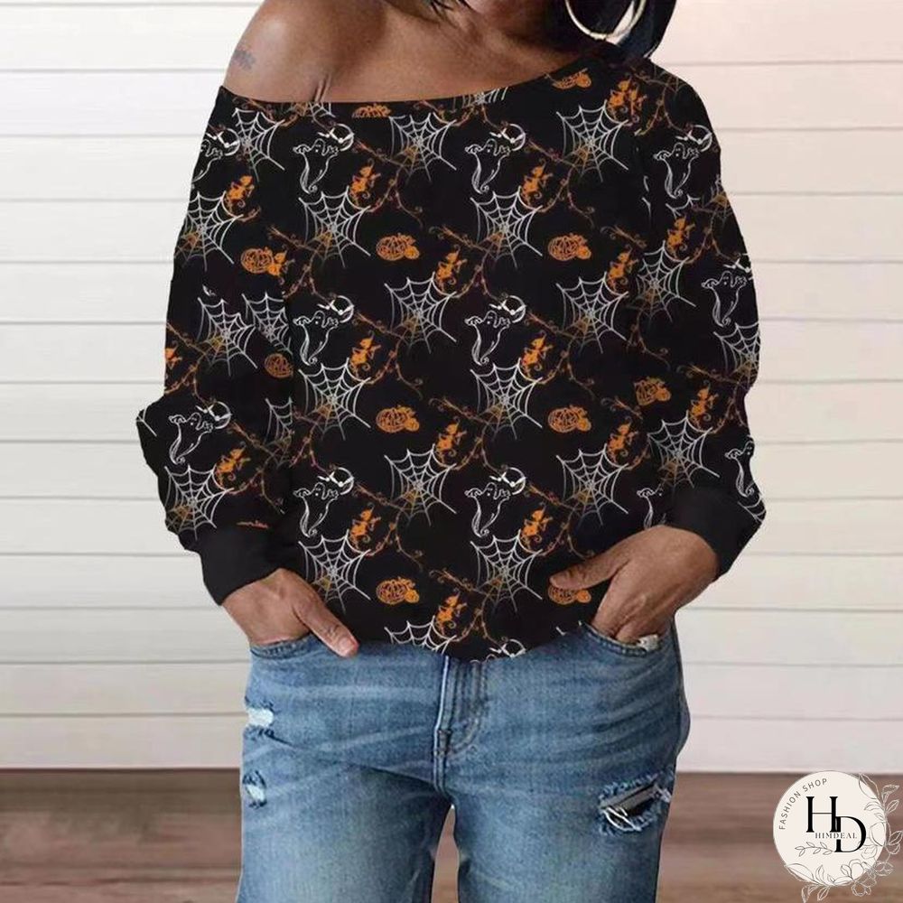 Halloween Spider Web Ghost Print One Shoulder Tops