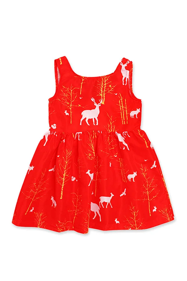 Cute V Neck Sleeveless Reindeer Print Kids Girls Christmas Dress Red-elleschic