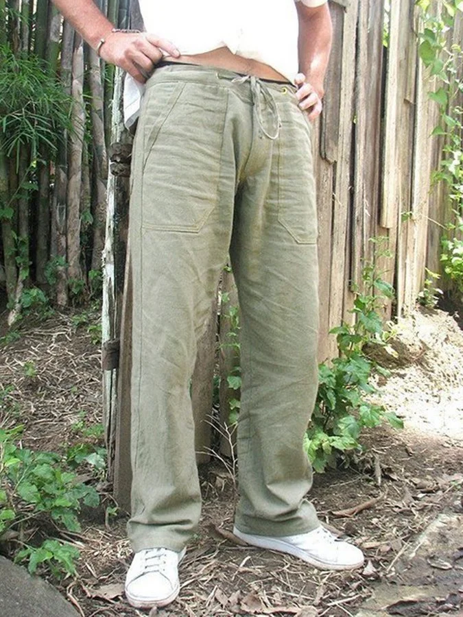 Men's Cotton Hemp Casual Work Clothes Lace Up Pants socialshop