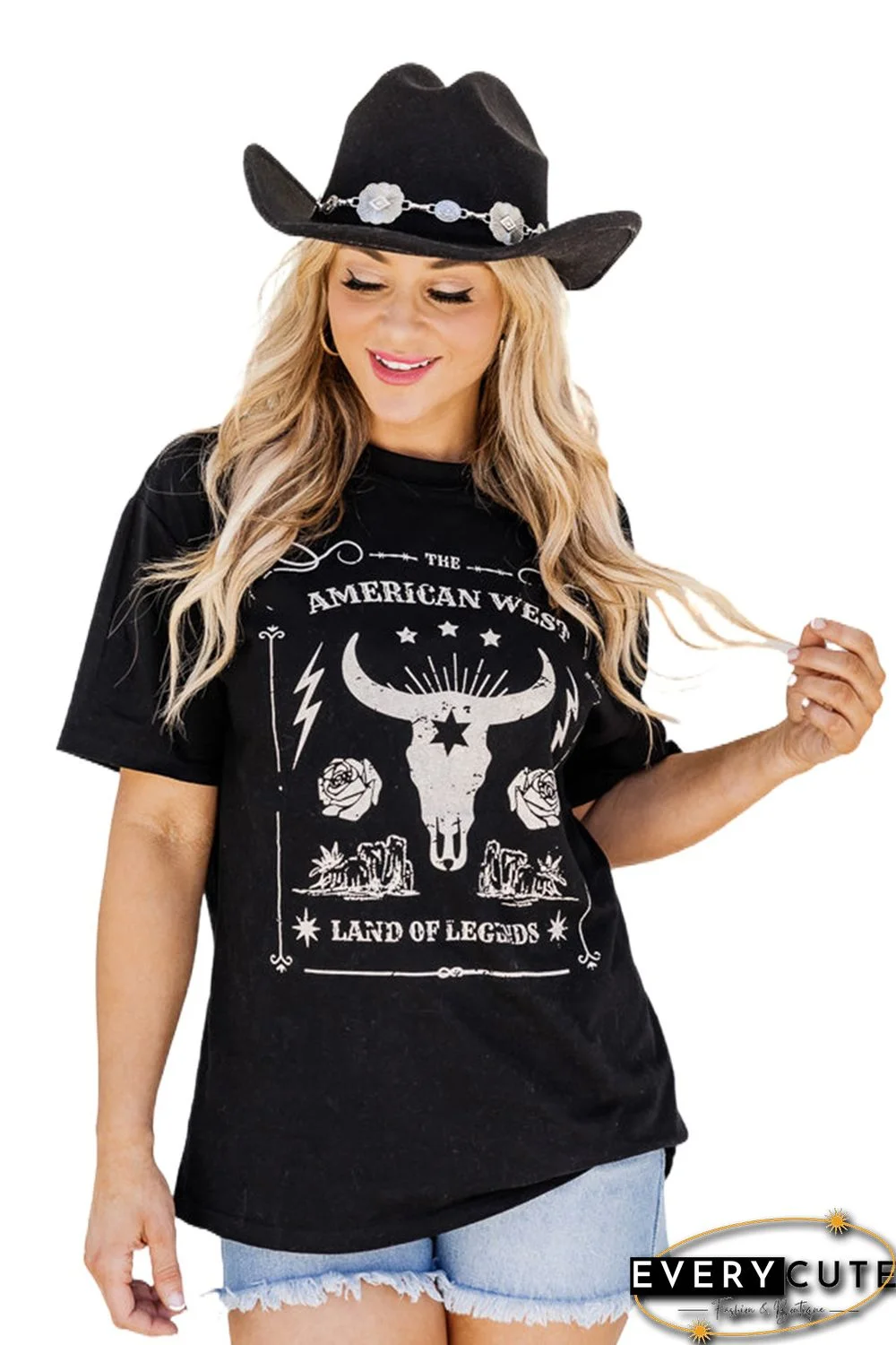 Black Round Neck Short Sleeve Western Print T-Shirt