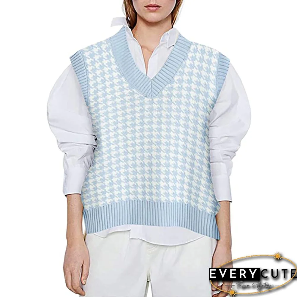 Light Blue Loose Style Plaid Knit Sweater Vest