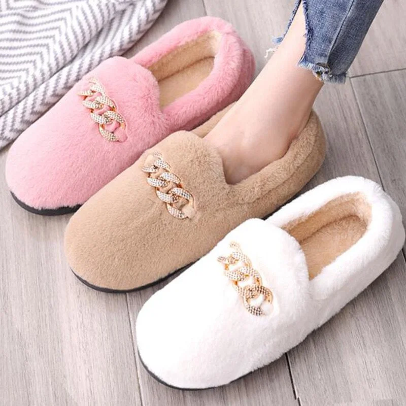 2020 Winter Fluffy Women Shoes Fashion Chain Warm Fur Flat Shoes Woman Indoor Slippers Causal Home Lady Shoes Platform Shoes