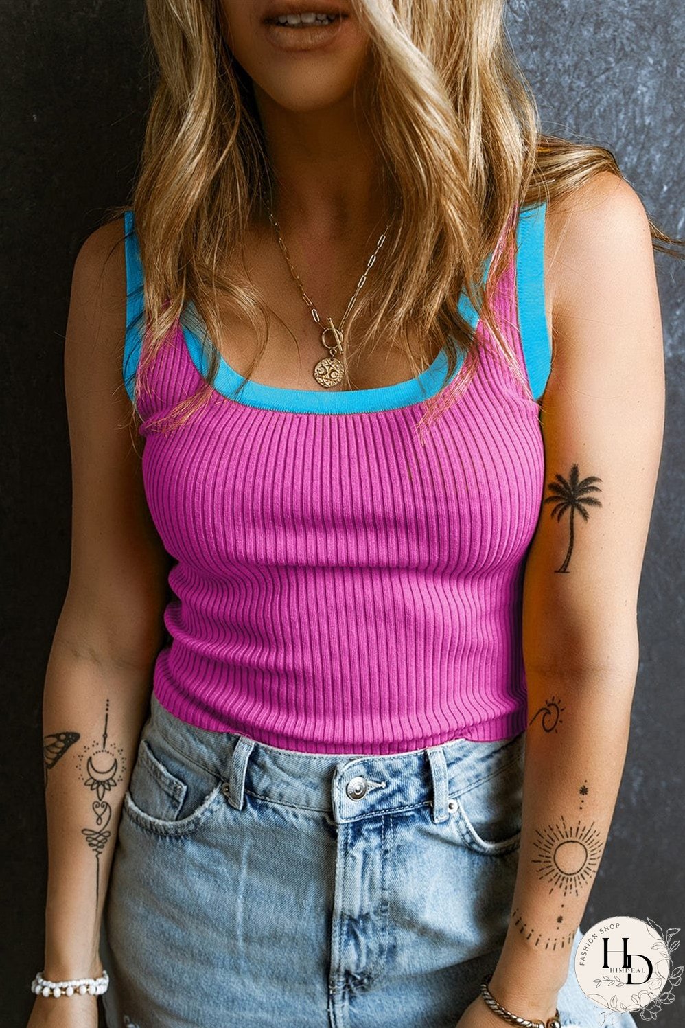 Bright Pink Ribbed Knit U Neck Tank Top with Colorblock Detail