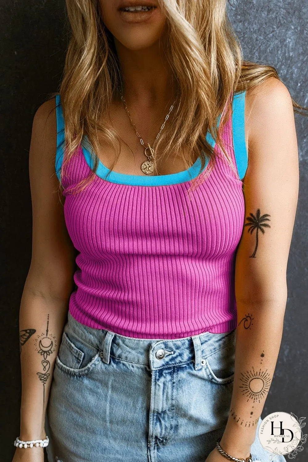 Bright Pink Ribbed Knit U Neck Tank Top with Colorblock Detail