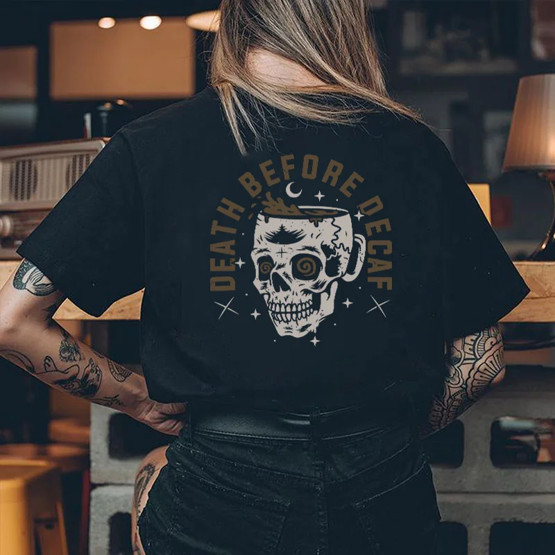 DEATH BEFORE DECAF Skull Black Print Regular-fit T-shirt