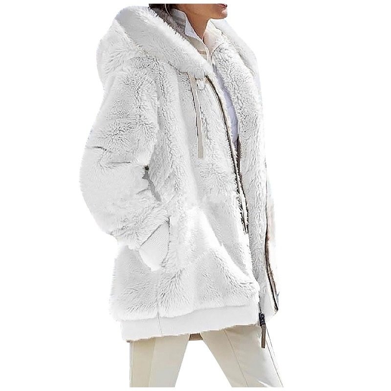 2021 Loose Plush Sleeve Zipper Pocket Hooded Warm Jacket