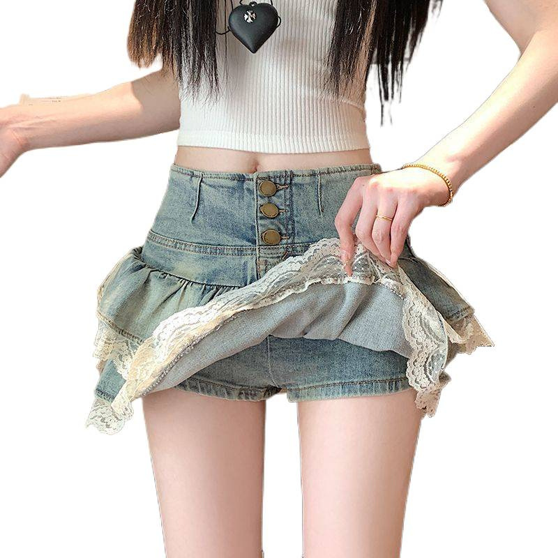 Lace Trim Tiered Denim Mini Skirt