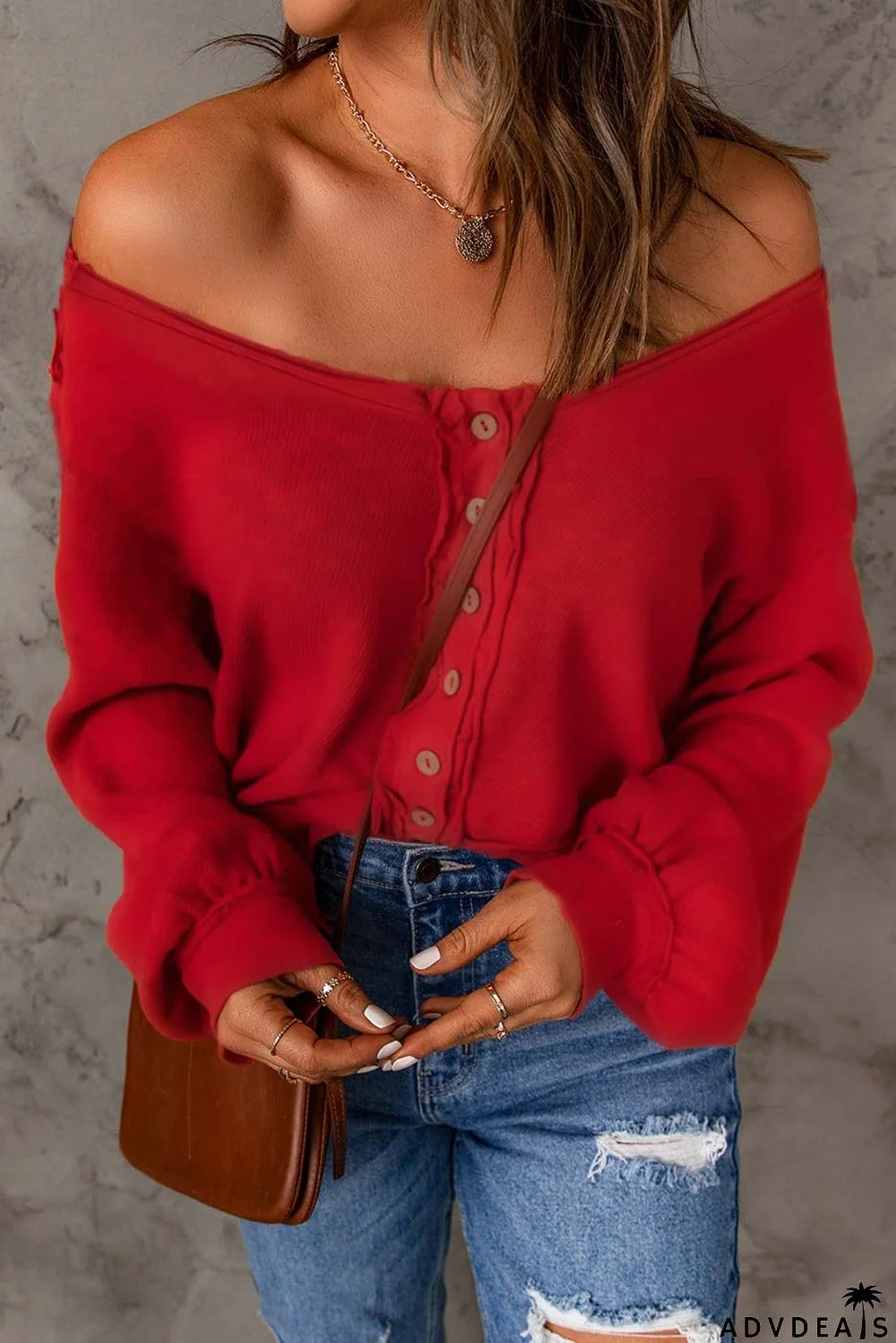 Red Button Front Distressed Knit Top