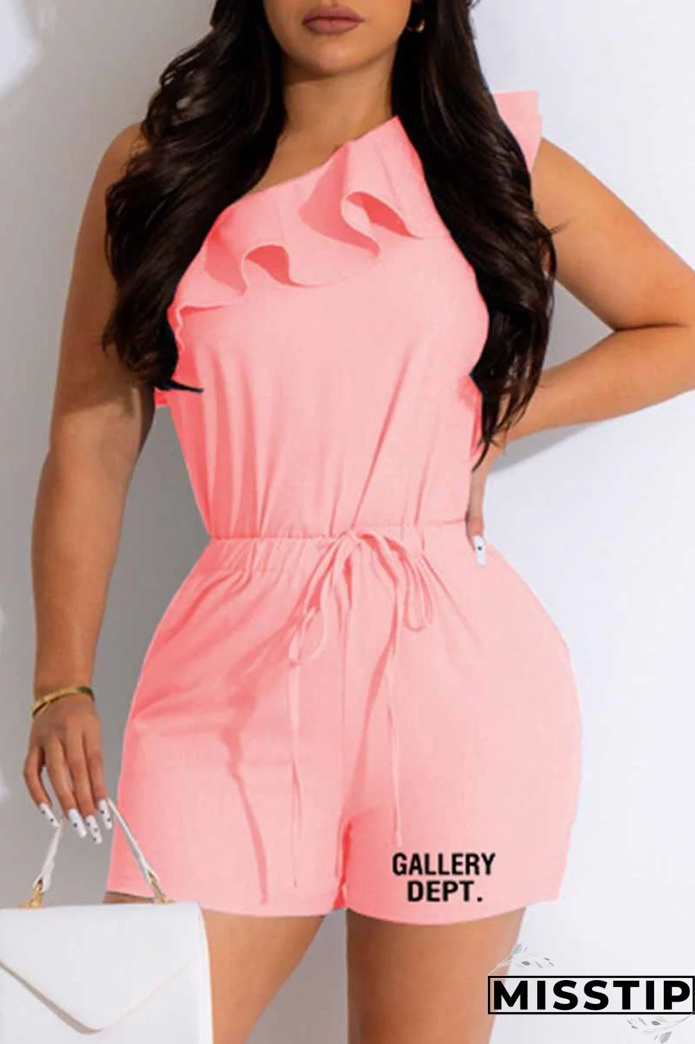 Pink Street Print Flounce Letter One Shoulder Sleeveless Two Pieces