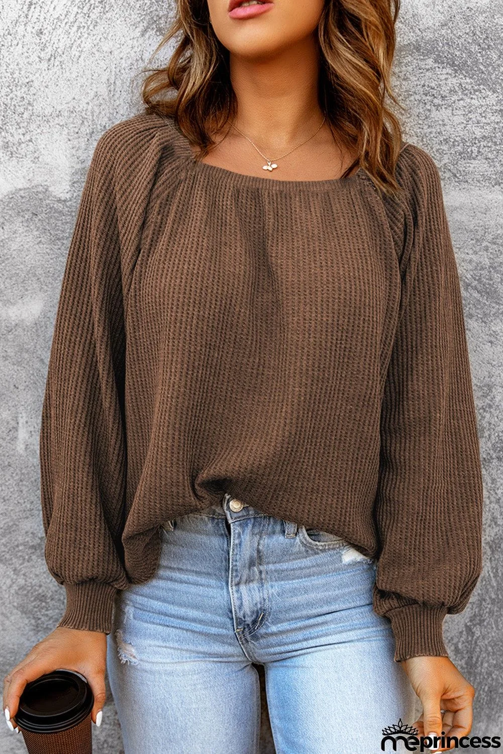 Scoop Neck Puff Sleeve Waffle Knit Top