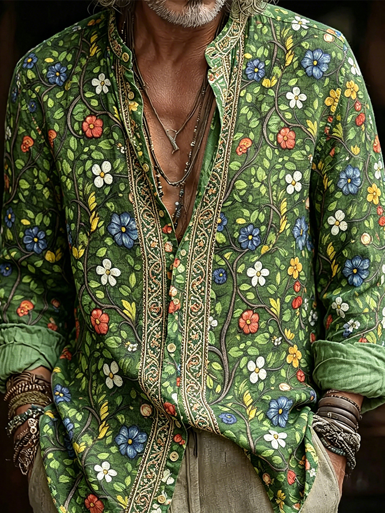 Comstylish Men's Vintage Medieval Floral Art Cozy Linen Blouse