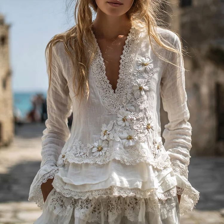 Bohemian Vintage Pure White Daisy Top