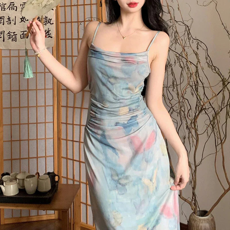 Llyge hoco dresses French Style Butterfly Mesh Floral Dress Elegant Tighten The Waist 2024 Spring Summer New Dress Vintage Sling Fashion Dress llyge