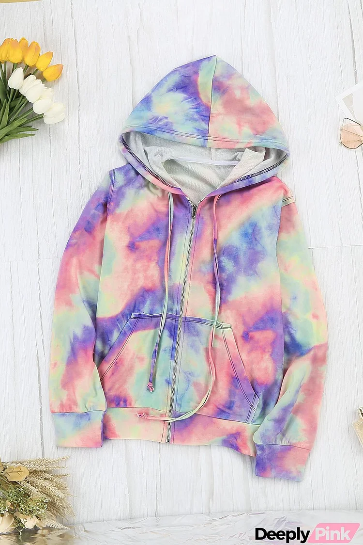 Fashion Purple Tie-dye Pocket Zip Up Hoodie