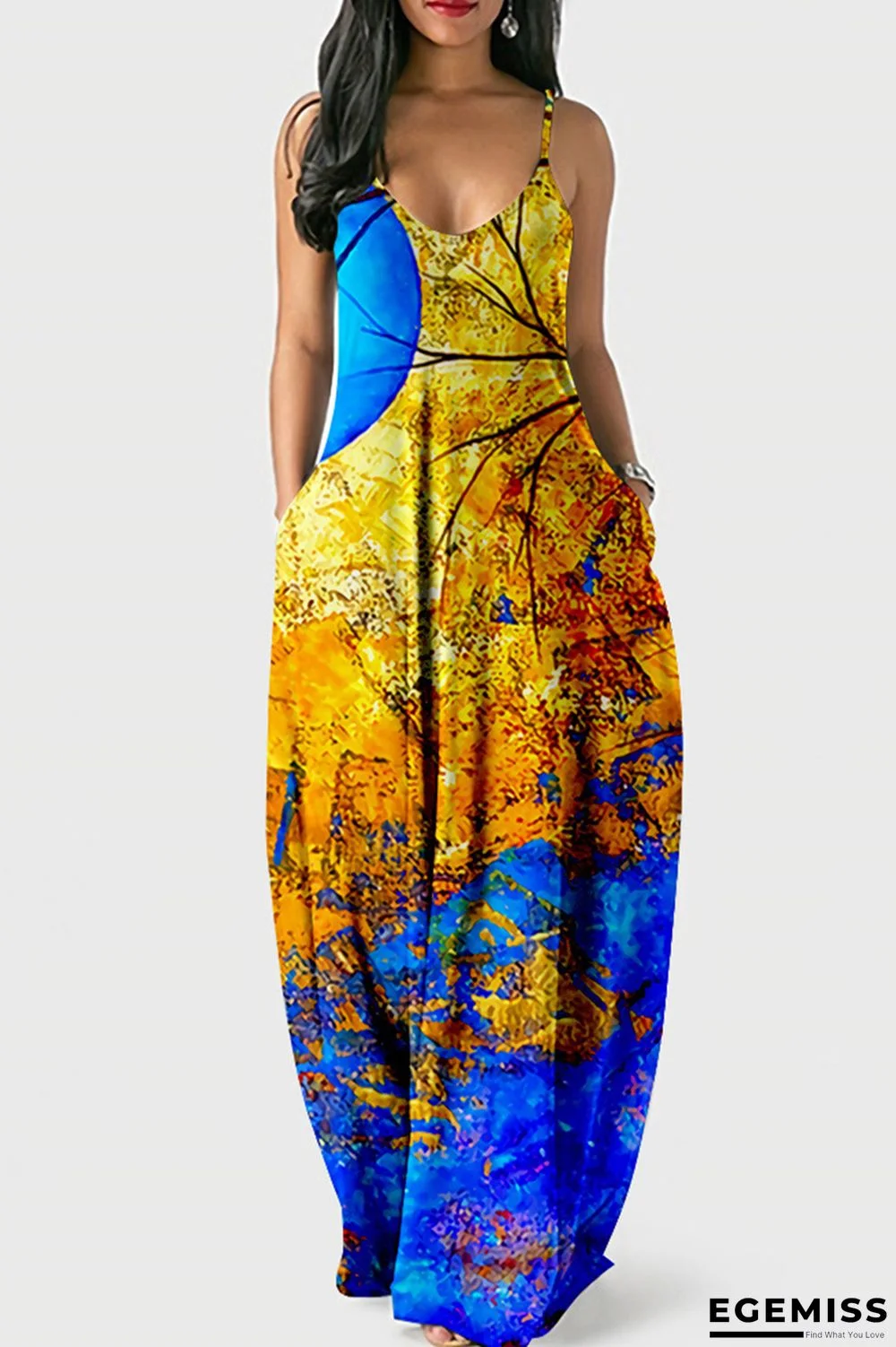 Orange Blue Fashion Sexy Print Backless Spaghetti Strap Long Dress | EGEMISS