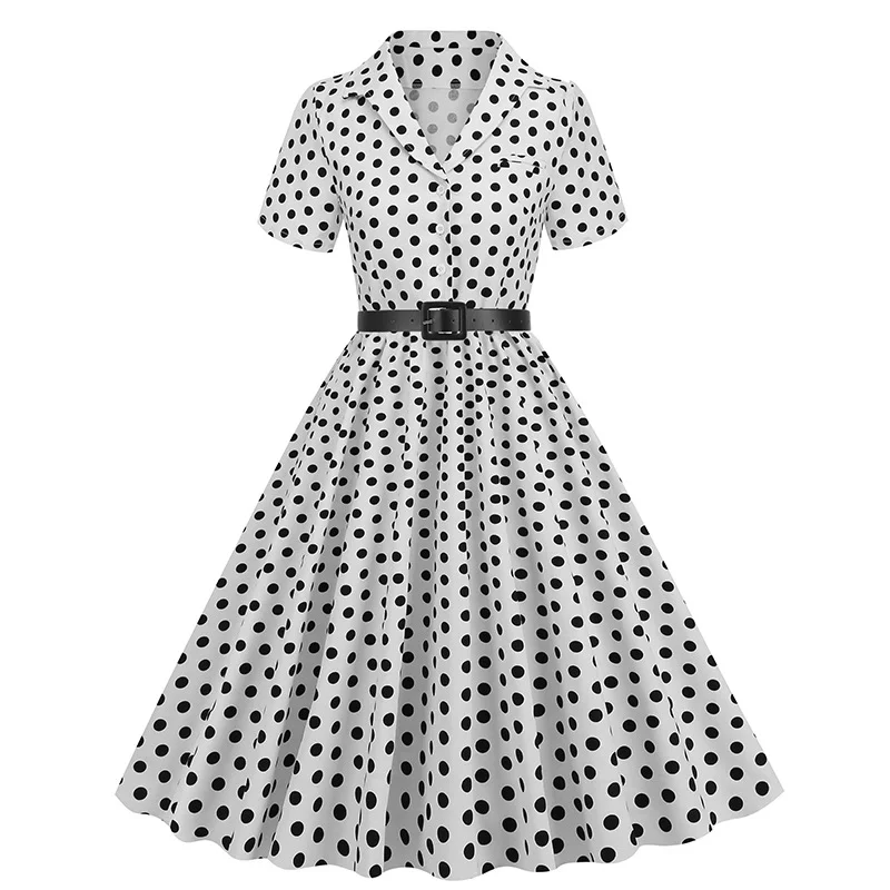 Polka dot patchwork waistband short sleeved Hepburn retro dress