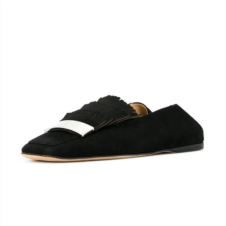 Black Vegan Suede Square Toe Flats Fringe Loafers for Women |FSJ Shoes