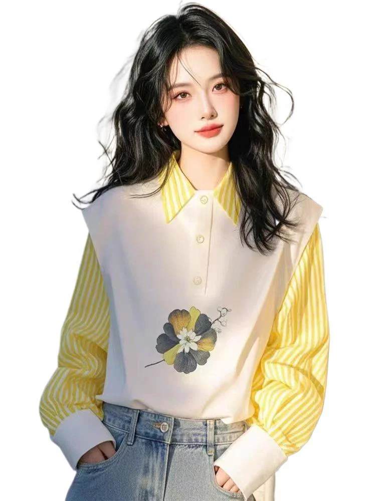 Athvotar Athvotar Design Yellow Stripe Splicing Print POLO Collar Shirt Female Senior Sense Light Luxury To Reduce The Age Of The Gas Blouse