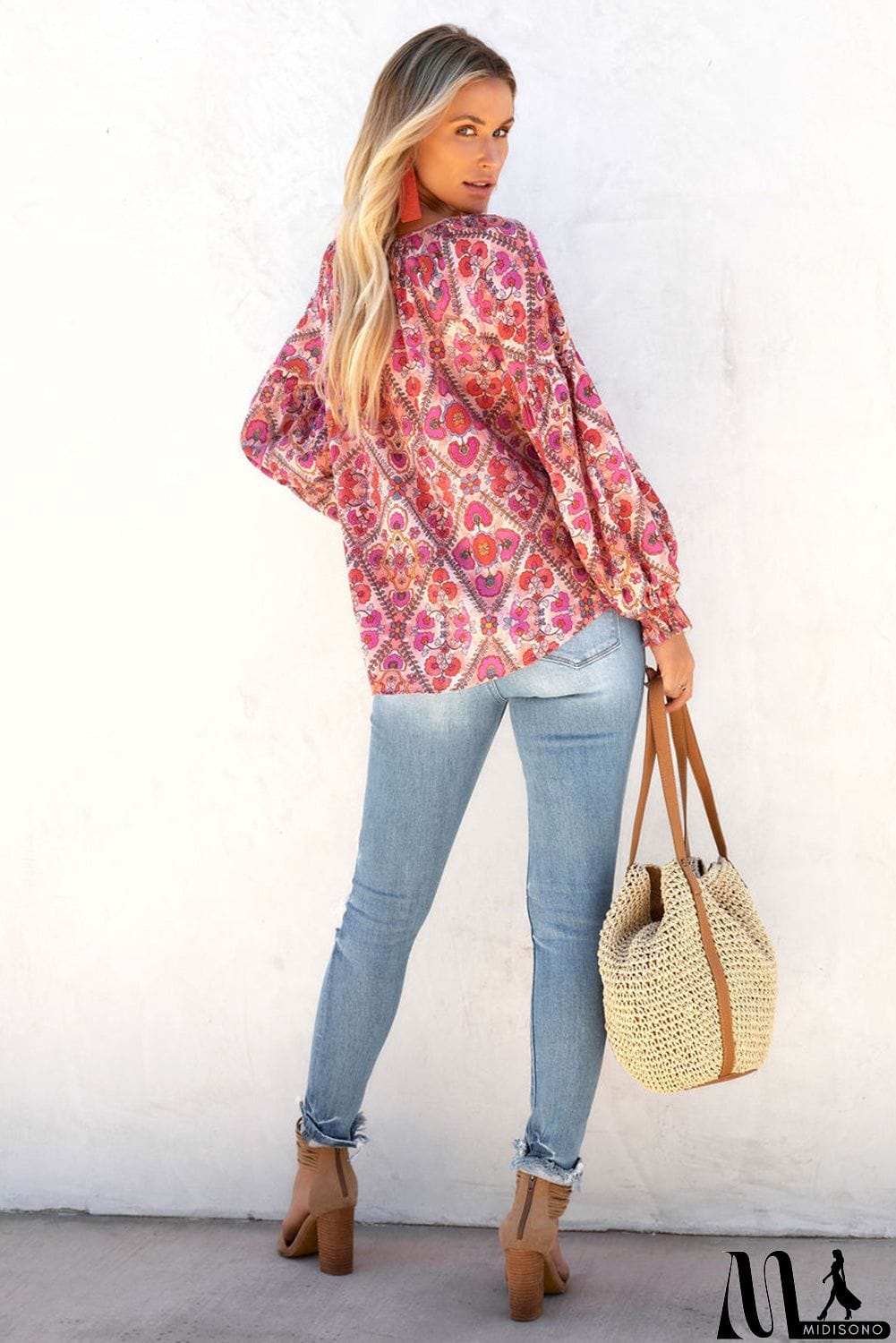 MidiSono - Rose Split Neckline Front Buttons Floral Print Blouse