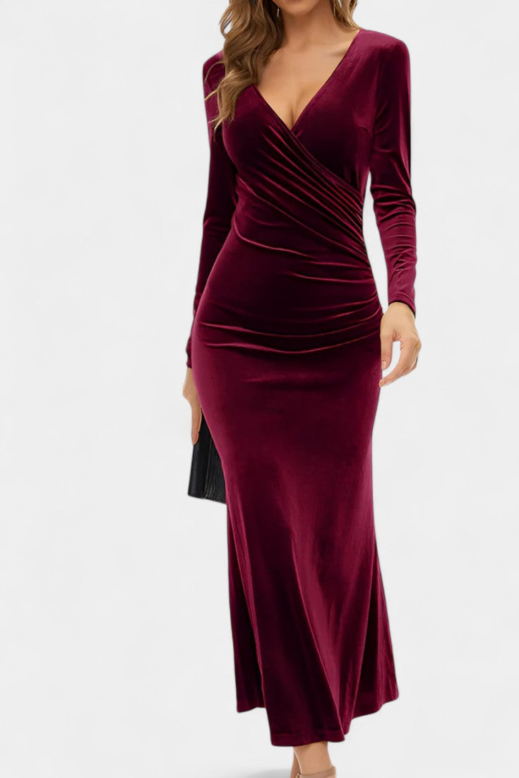 Deep Velvet Wrap Dress with Long Sleeves