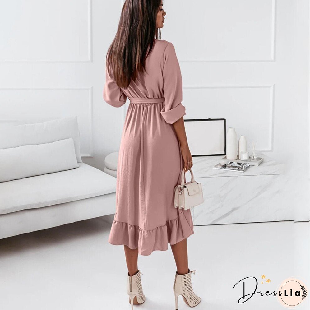 Christmas Gift Fashion V Neck Long Sleeve Green Midi Dress Women Fall Clothes Casual Elegant Office Ladies Dresses For Woman Robe Femme