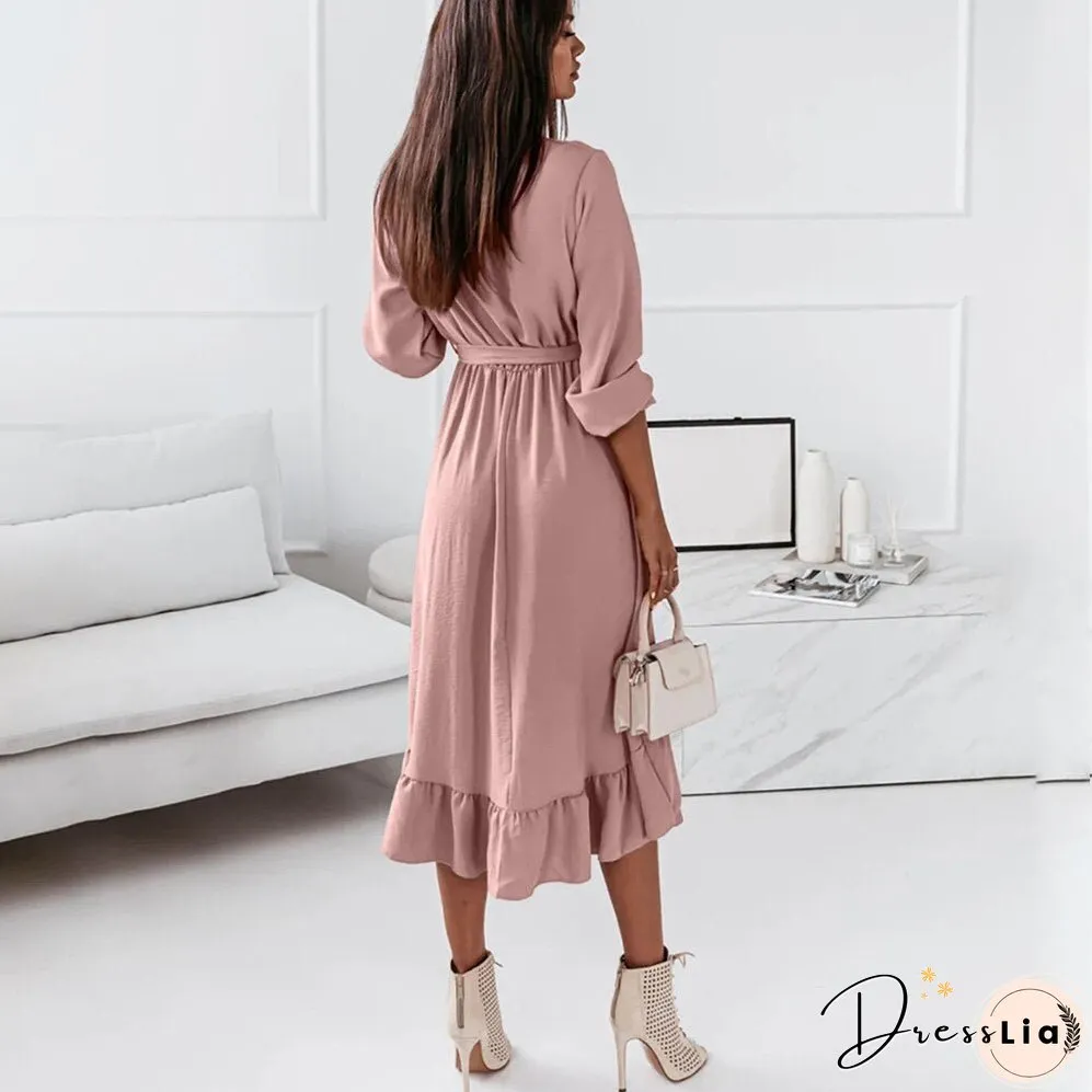 Christmas Gift Fashion V Neck Long Sleeve Green Midi Dress Women Fall Clothes Casual Elegant Office Ladies Dresses For Woman Robe Femme
